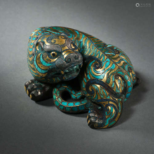 BRONZE BEAST INLAID WITH GOLD AND SILVER, EMBEDDED TURQUOISE...