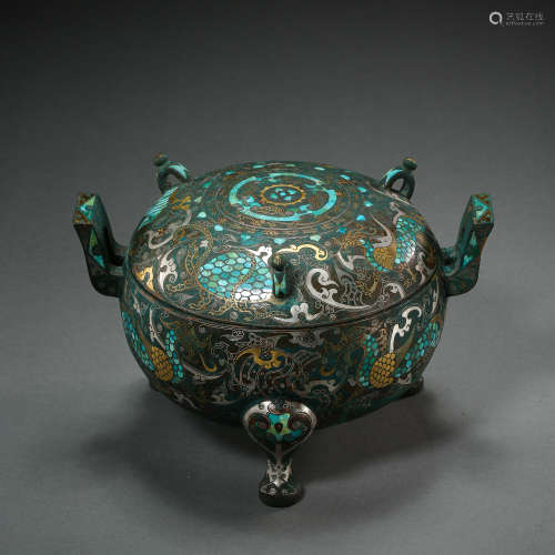BRONZE TRIPOD FURNACE INLAID WITH GOLD, SILVER AND TURQUOISE...