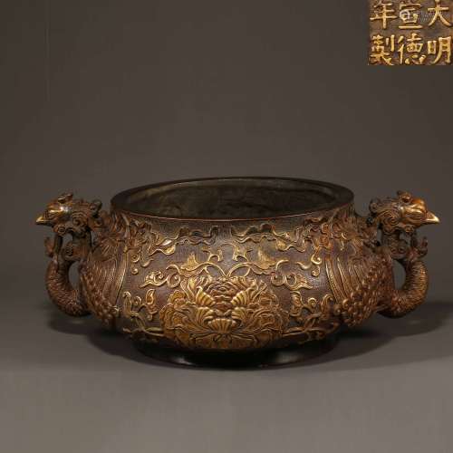 PARTIAL GILT BRONZE CENSER IN XUANDE, MING DYNASTY, CHINA