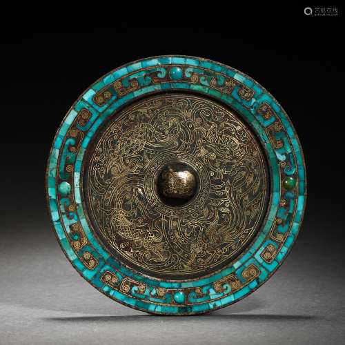 BRONZE MIRROR INLAID WITH GOLD, SILVER AND TURQUOISE, WARRIN...