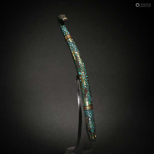 BRONZE BELT HOOK INLAID WITH GOLD, SILVER AND TURQUOISE, WAR...