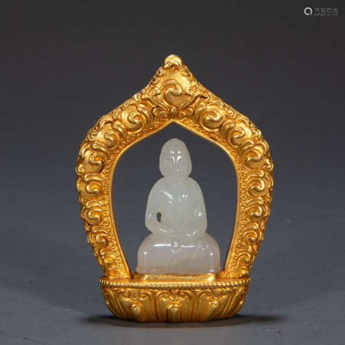 GOLD INLAID JADE BUDDHA STATUE, QING DYNASTY, CHINA