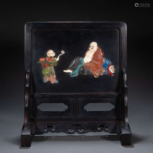 CHINESE QING DYNASTY DUOBAO INLAID RED SANDALWOOD TABLE SCRE...