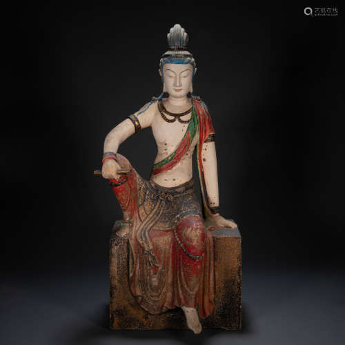 CHINESE WOODCARVING PAINTED BUDDHA STATUE