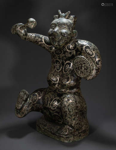 BRONZE AND SILVER DANCING FIGURINE OF HAN DYNASTY, CHINA