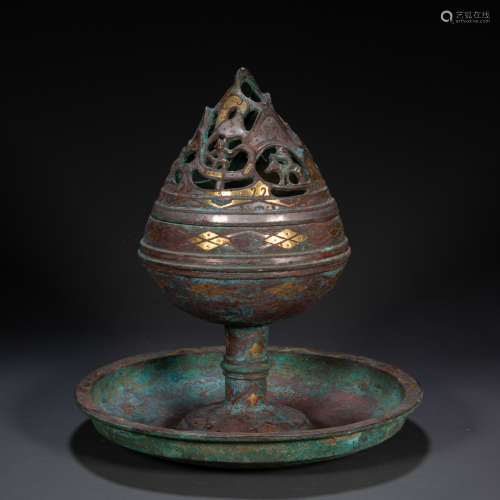 CHINESE HAN DYNASTY BRONZE AND GOLD INCENSE BURNER