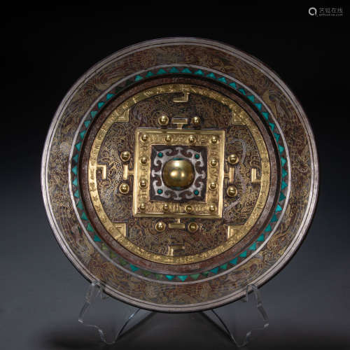BRONZE MIRROR INLAID WITH TURQUOISE STONE AND GOLD, HAN DYNA...