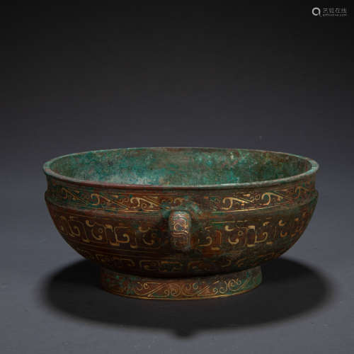 CHINESE HAN DYNASTY BRONZE BOWL INLAID WITH GOLD