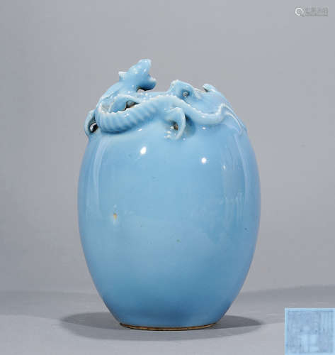 民國 天藍釉雕瓷龍紋水盂 