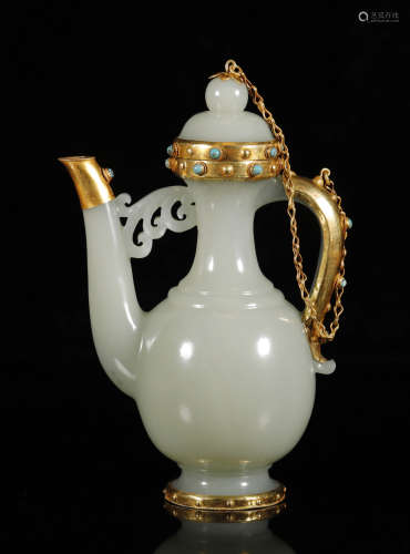 Qing Dynasty - Hetian Jade Wrap Gold with Gem Kettle