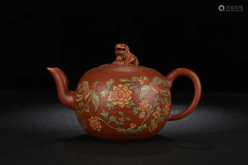 旧藏紫砂加彩凤凰牡丹图茶壶