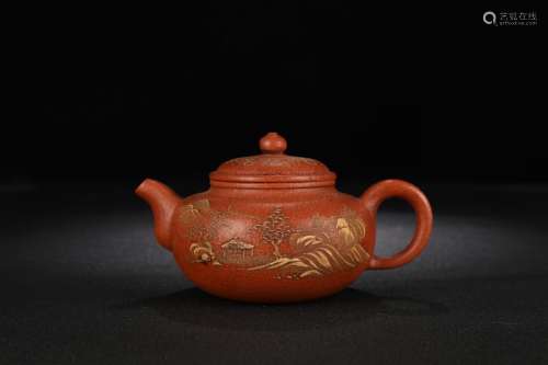 旧藏紫砂堆雕山水诗文茶壶