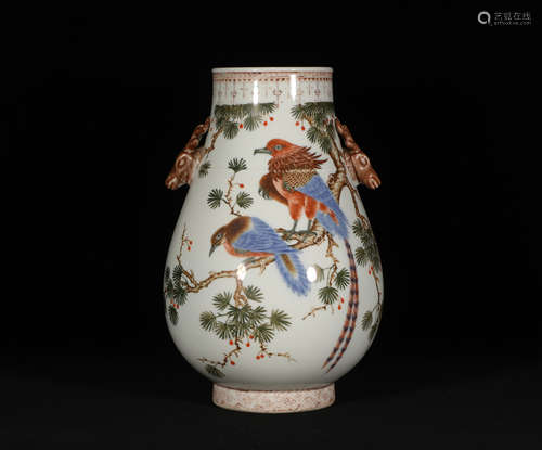 Famille Rose Double Deer Pinetree & Birds Porcelain Vase