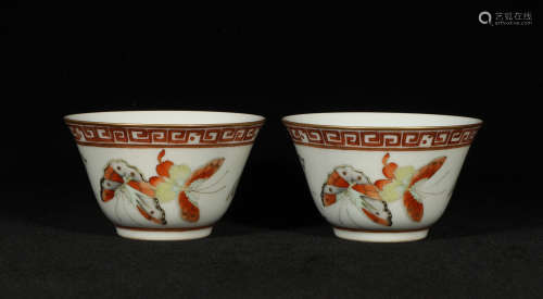 A Pair Famille Rose Butterfly Porcelain Cups