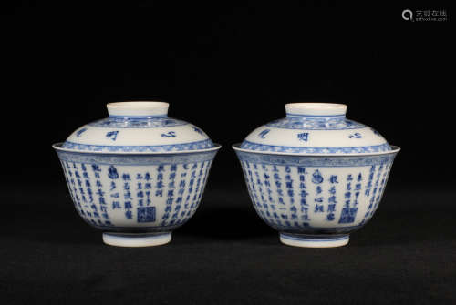 A Pair Blue and White Poetry Covered Porcelain Bowl
