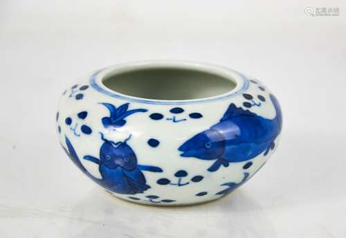 A Chinese blue and white brush pot circa 1900, painted to de...