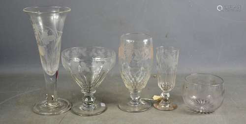 A group of 19th century glassware, each engraved with grape ...