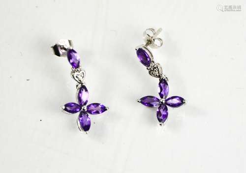 A pair of 9ct white gold and amethyst drop earrings , 1.58g