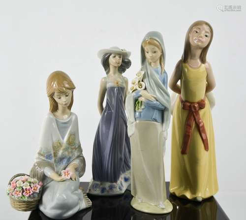 Four Lladro figurines, one of seated lady with basket of flo...