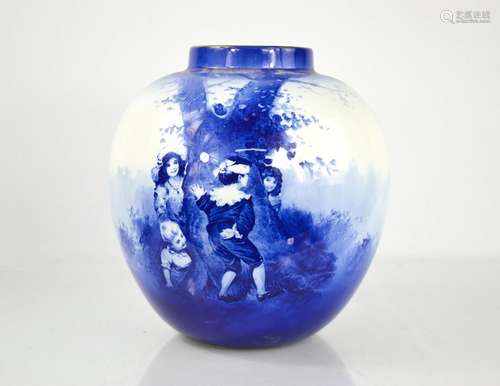 A Royal Doulton vase, blue and white, depicting children pla...