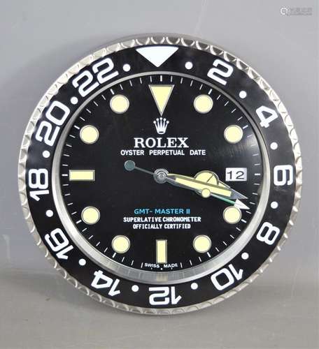 A Rolex black and white dealers display clock, wall hanging....