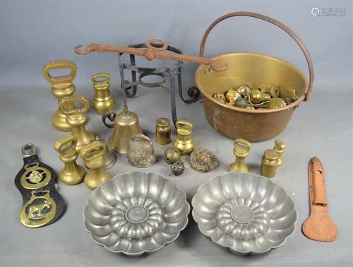 A brass jam pan together with a quantity of brass bell weigh...