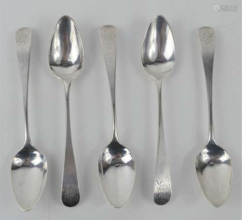 A group of five George III silver teaspoons by Peter Bateman...