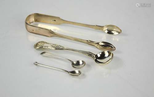 A silver spoon, pair of sugar tongs, and pair of salt spoons...