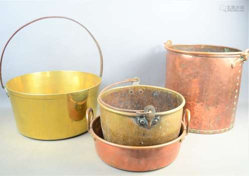 A copper fireside coal bucket together with a brass jam pan ...