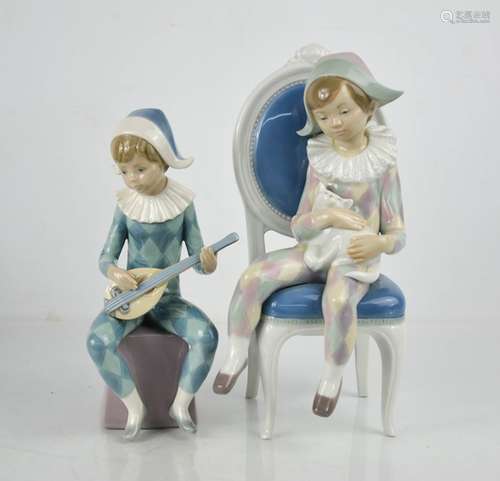 Two Lladro figurines; Harlequin Boy with Cat and Harlequin P...