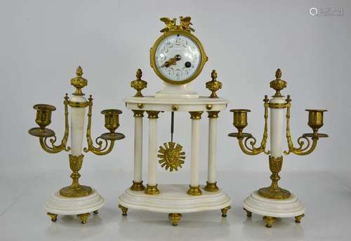 An early 20th century marble and gilt metal clock garniture,...