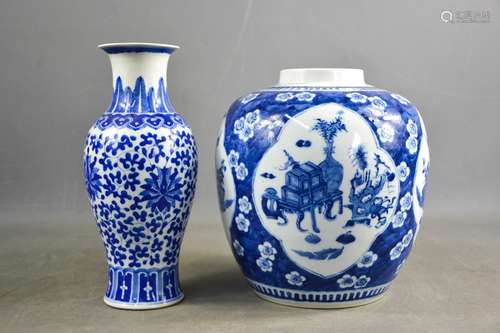 A Chinese blue and white vase and ginger jar.