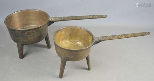 Two 18th century brass and bronze skillets, marked on handle...