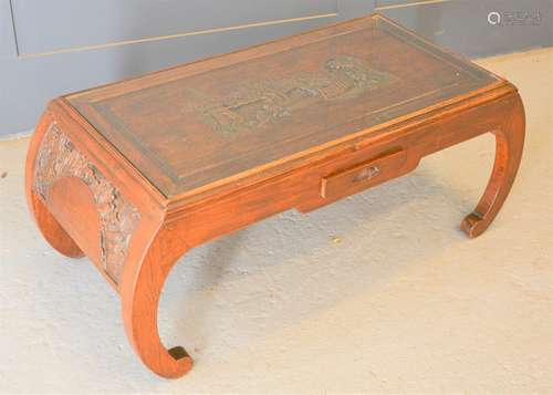 A Chinese carved coffee table, with figural scene to top, si...