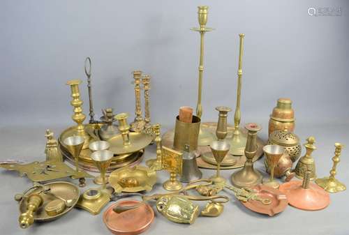 A group of brassware to include, candlesticks, trivet, trays...