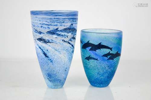 Two Art Glass vases by Malcom Sutcliffe, dolphins, tallest 1...