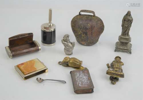 An Acme Nightingale whistle, oak snuff box, Punch form match...