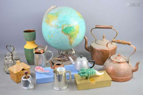 A box of mixed items to include copper kettles, vintage glob...