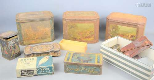 A group of vintage tins together with a cigarette case, ligh...