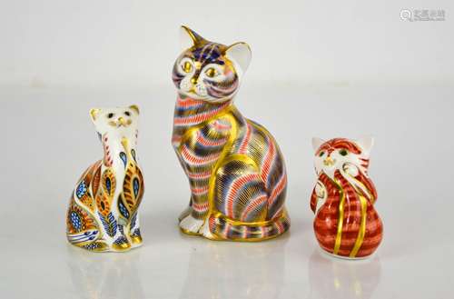 Three Royal Crown Derby cats, LXII, LVIII, and MMII and Play...