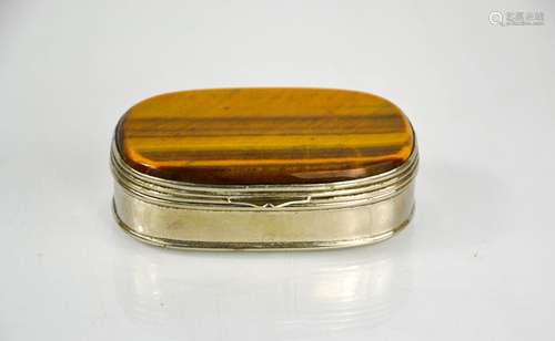 A 19th century white metal and tigers eye snuff box, 7cm lon...