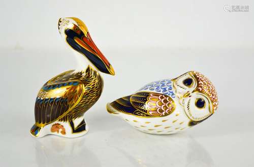 A Royal Crown Derby Brown Pelican and and owl, 13cm long.