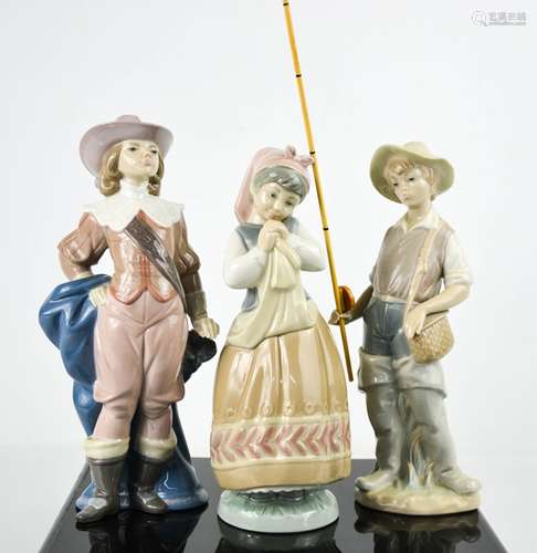 Three Lladro figurines: Fisher Boy, Gypsy Girl and Cavelier,...