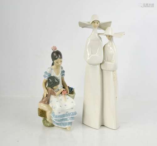 Two Lladro porcelain figurines: Gypsy Girl with Boy, and Nun...