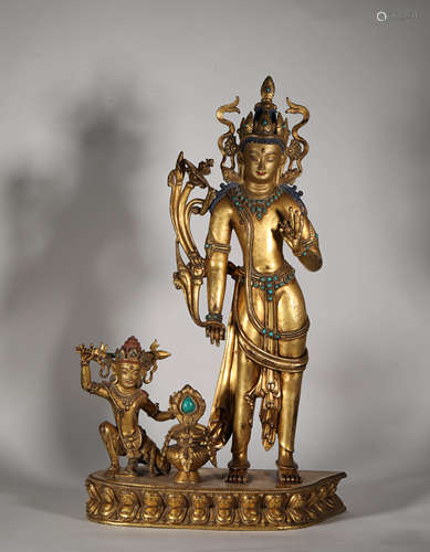 Nepal Gilte Bronze Standing Guanyin Statue