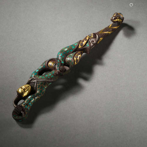 BRONZE HOOK INLAID WITH GOLD, SILVER, AND TURQUOISE, THE WAR...