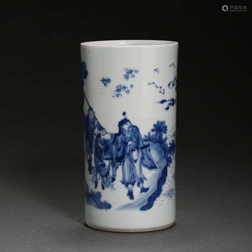 MING DYNASTY, CHINESE BLUE AND WHITE PORCELAIN BRUSH HOLDER