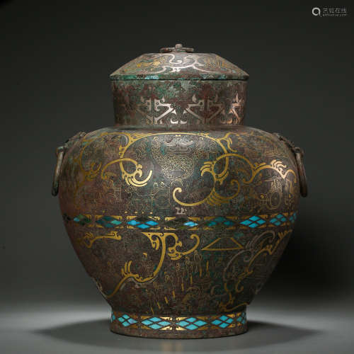BRONZE JAR WITH LID, INLAID WITH GOLD AND SILVER, THE WARRIN...
