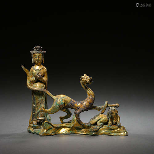 GILT BRONZE BUDDHA AND DRAGON, TANG DYNASTY, CHINA