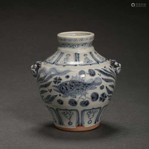CHINESE BLUE AND WHITE PORCELAIN POT WITH FISH PATTERN, YUAN...